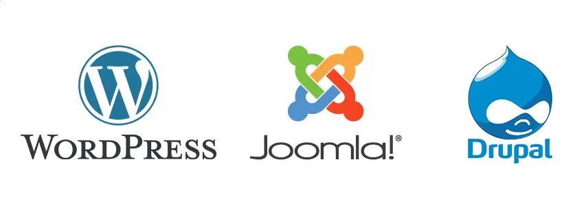loga trzech najczęściej wybieranych systemów CMS, od lewej: WordPress, Joomla, Drupla.