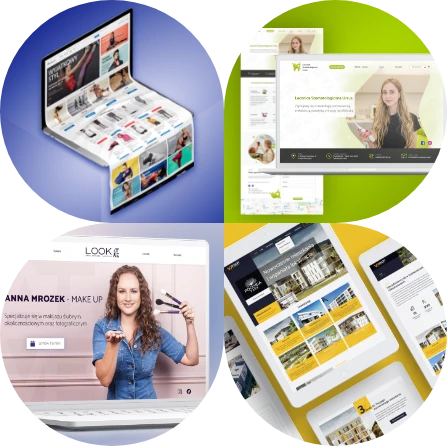 Wizualizacja prezentująca cztery kafelki z projektami stron internetowych